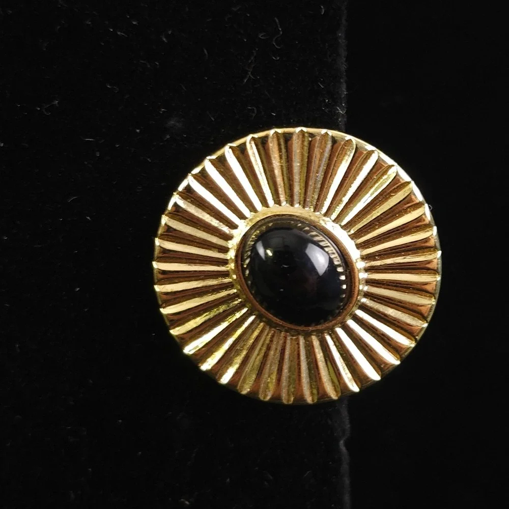 Black Beaded Round Gold Tone Textured Metal Clip On Earrings Vintage